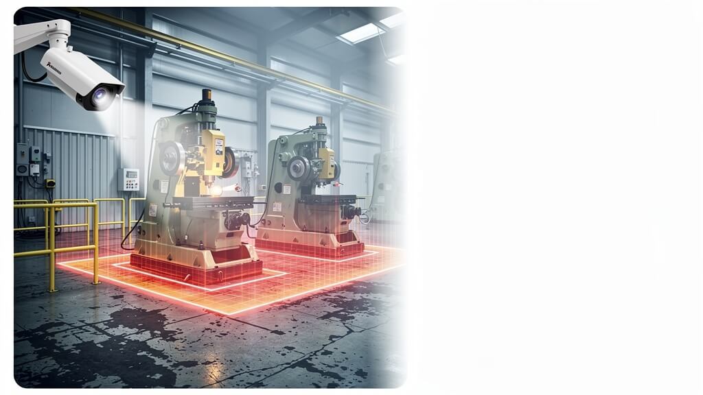 AI-videoanalyse voor detectie van risicozones in een industriële omgeving met machines en veiligheidszones
