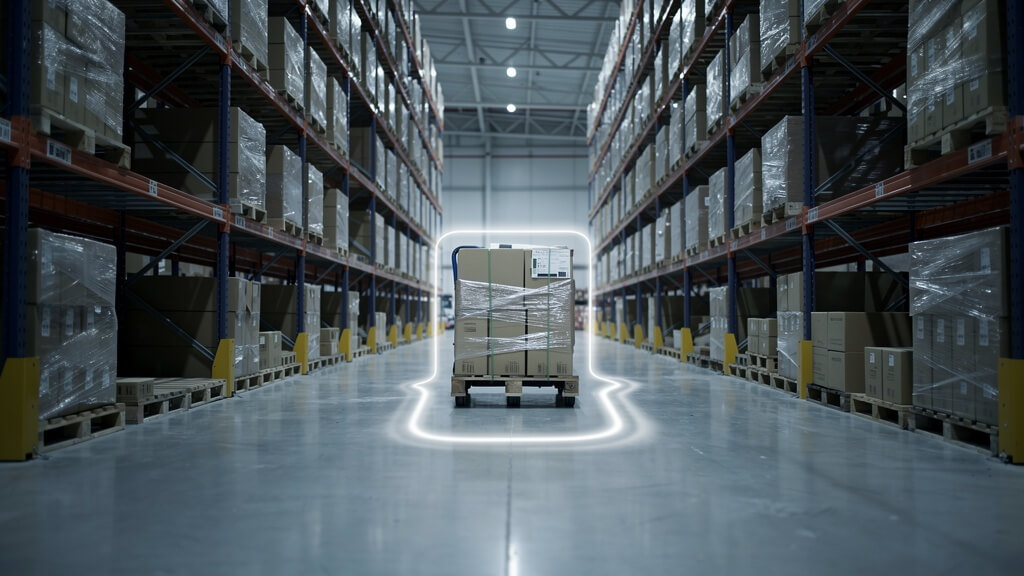 AI-videoanalyse voor detectie van geblokkeerde gangpaden in een magazijn met pallets en karren