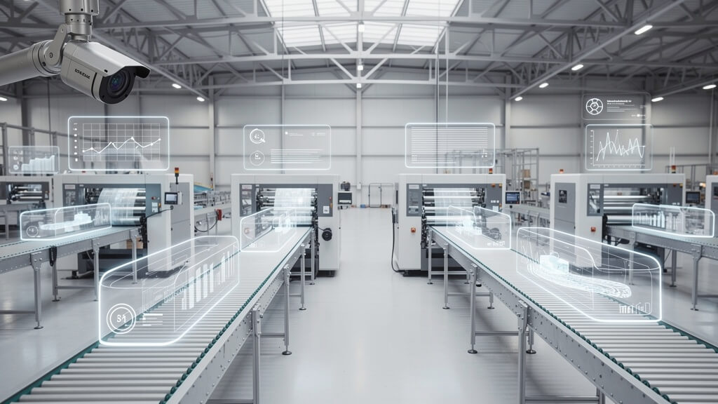 AI-videoanalyse voor machinebenutting en stilstand in een productiehal met slimme camera en machines
